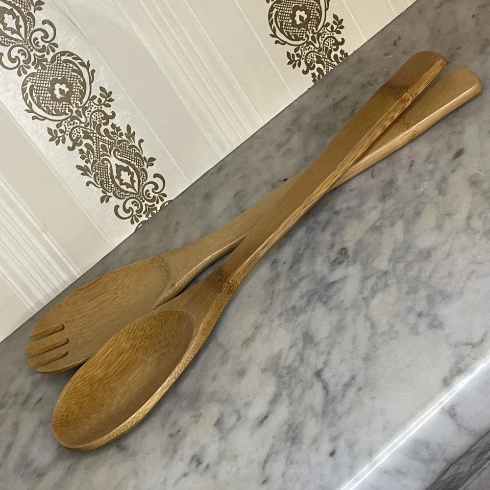 Pair Nice Quality Robust Wooden Spoon and Slotted Spoon Salad Serving Vegetables
